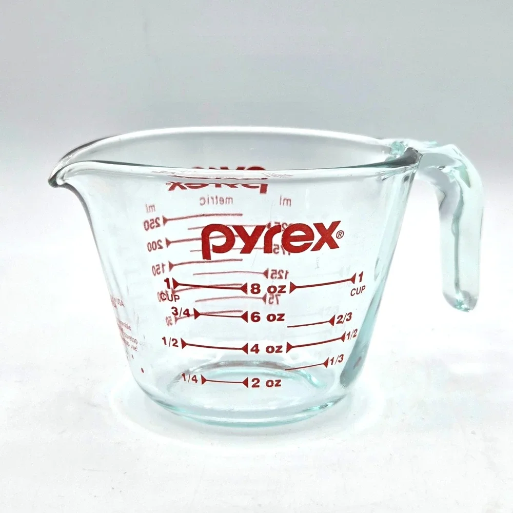 Pyrex 1 Cup Clear Measuring Cup with Red Graphics Oven Safe Made in USA
